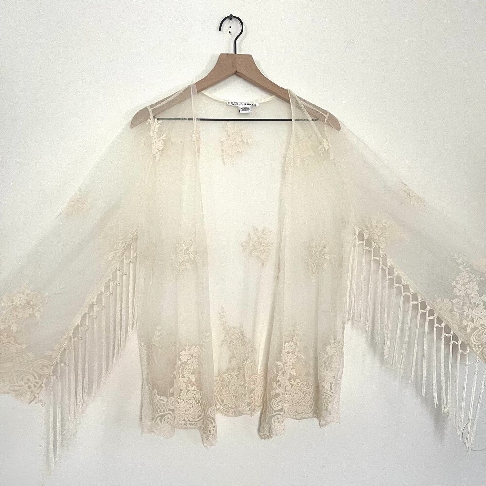 Embroidered Sheer Lace Long Sleeve Fringe Ivory Boho Kimono Small